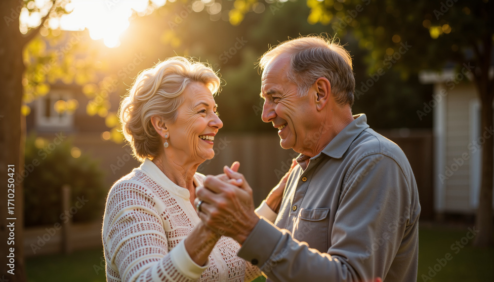 Fototapeta premium Elderly couple dancing at birthday in garden during sunset 