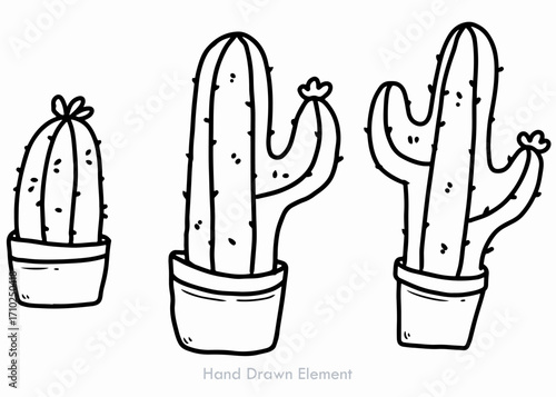 Three stylized cactus plants in pots, hand-drawn in black ink.