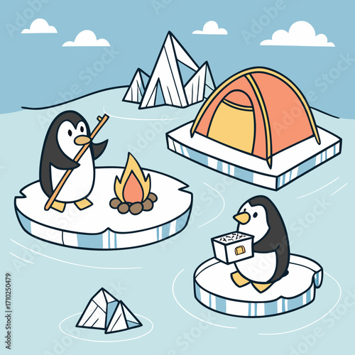 Cute cartoon penguins camping on ice floes with a tent and campfire under a cloudy sky
