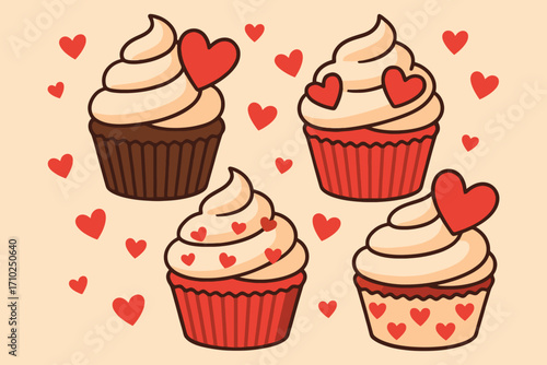Four delicious cupcakes decorated with red hearts for valentine s day celebration