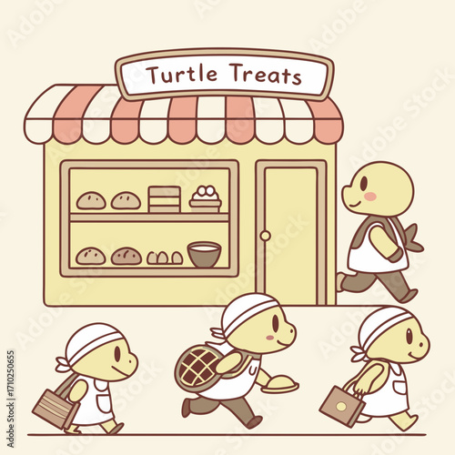 Cute cartoon turtles wearing chef hats and aprons carrying baked goods and bags outside a bakery shop