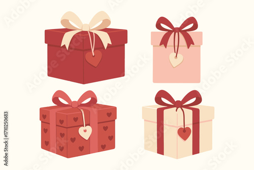 Collection of four decorative gift boxes with ribbons and heart ornaments for celebrations