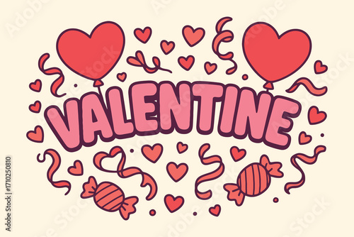 Whimsical hand drawn valentine s day illustration with hearts balloons and candy