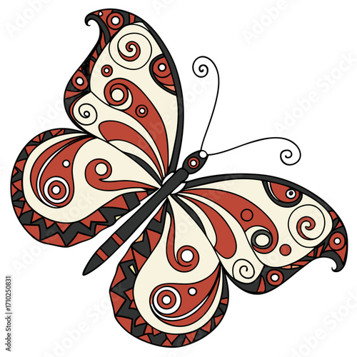 Decorative stylized butterfly with intricate swirling patterns and tribal border in red black and cream colors