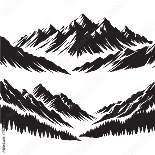 Black Snowy Mountain Silhouette Vector Illustration design, Solid White Background
