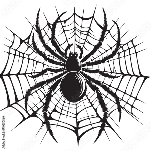 Black Spider and Web Silhouette Vector Illustration design, Solid White Background