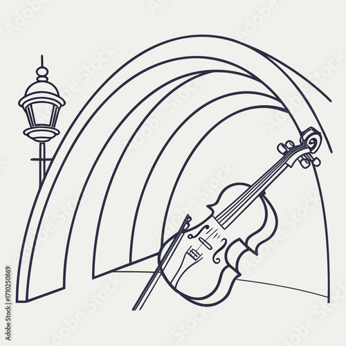 Elegant line art illustration of a violin and bow resting under a stylized arched structure with a vintage lamppost nearby