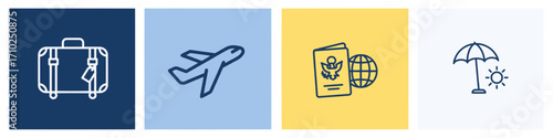 Travel Essentials Icons of Luggage, Airplane, Passport, and Beach Umbrella in a Seamless Line Art Style