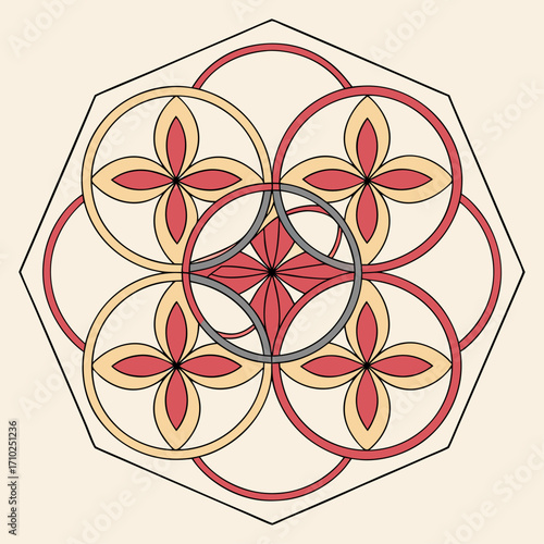 Geometric octagon design featuring interlocking circles and floral motifs in red yellow and gray colors