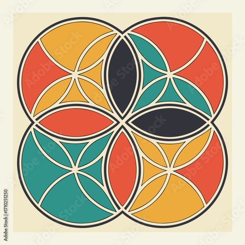 Geometric pattern of interlocking circles in warm retro colors creating a symmetrical floral or mandala design