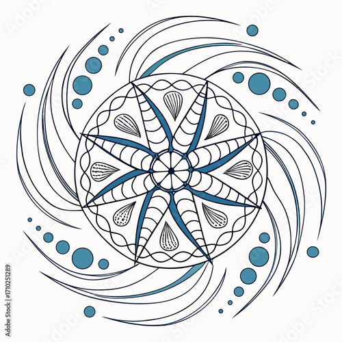 Intricate blue and white circular mandala design with swirling elements and bubbles