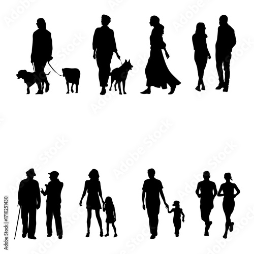Set of 8 people - silhouettes and vector. Walking with dogs, family, talking, and jogging. Perfect for architectural visualizations, lifestyle design, city scenes, and creative projects.