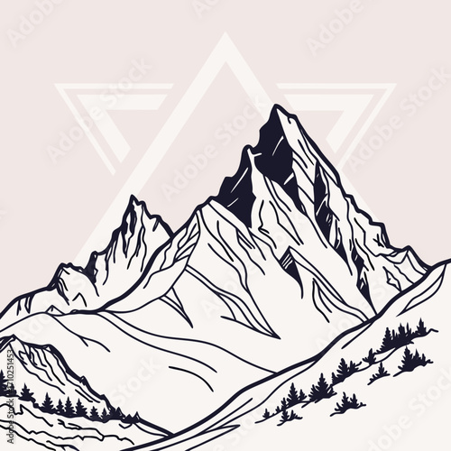 Minimalist line art illustration of majestic snow capped mountains with pine trees and geometric shapes in the background