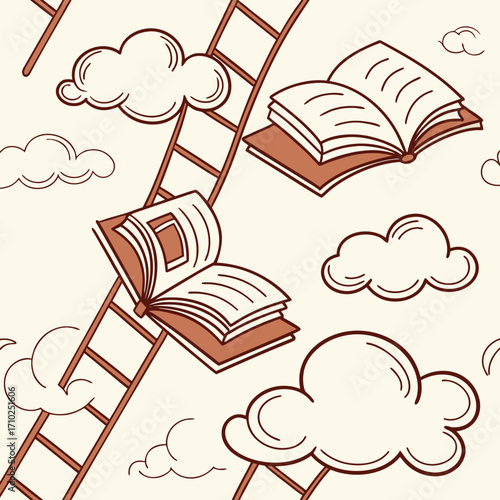 Open books ascend ladders towards the sky amidst whimsical clouds representing knowledge and learning