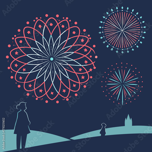 People silhouetted against a dark blue night sky watching colorful fireworks explode in the air