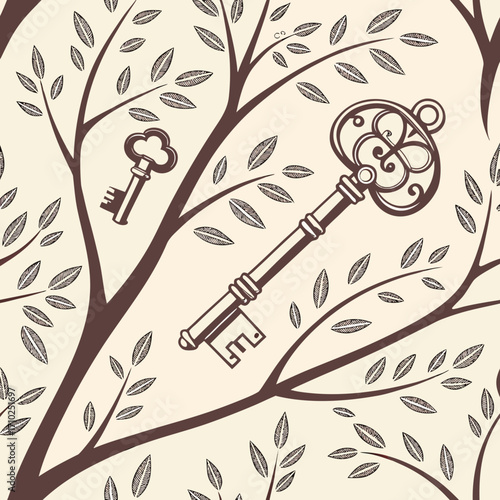 Ornate vintage keys nestled among stylized branches and leaves in a repeating pattern