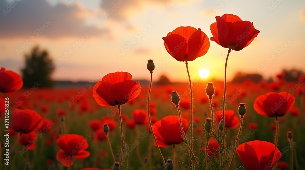 Obraz premium Red Poppy Field at Sunset with Golden Sky and Silhouetted Trees
