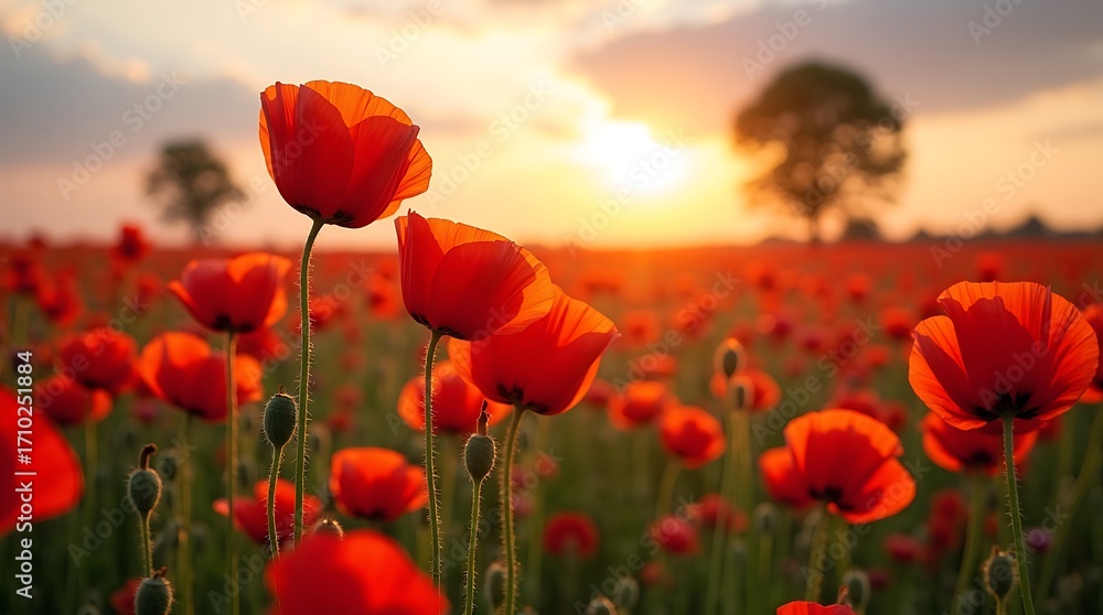 Fototapeta premium Red Poppy Field at Sunset with Golden Sky and Silhouetted Trees