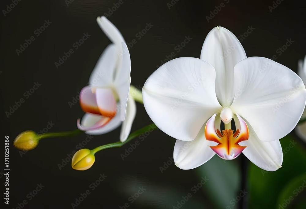 Naklejka premium Elegant white orchid blossom, pristine petals, delicate stamens, vibrant, isolated