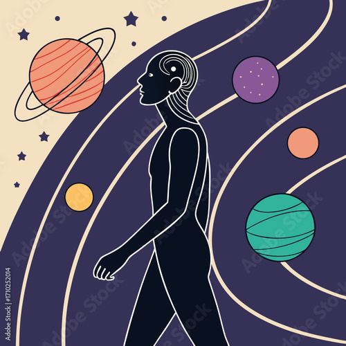 Silhouette of a futuristic human walking through a vibrant cosmic landscape with planets and stars