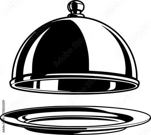 silhouette vector Silver serving cloche raised above empty golden plate, cut out
