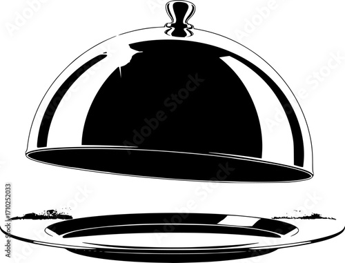 silhouette vector Silver serving cloche raised above empty golden plate, cut out
