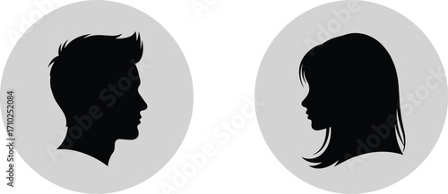 Male and female head silhouettes, man and woman profile avatars, human face icons, circle background, vector illustration, people design
