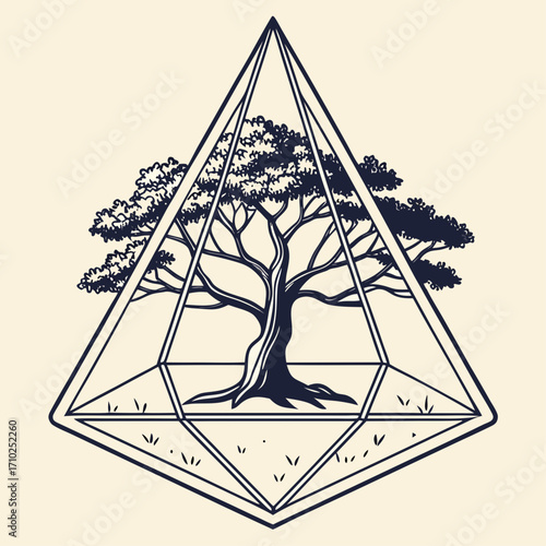 Stylized ancient tree with intricate branches enclosed within a geometric crystal prism structure on a light background