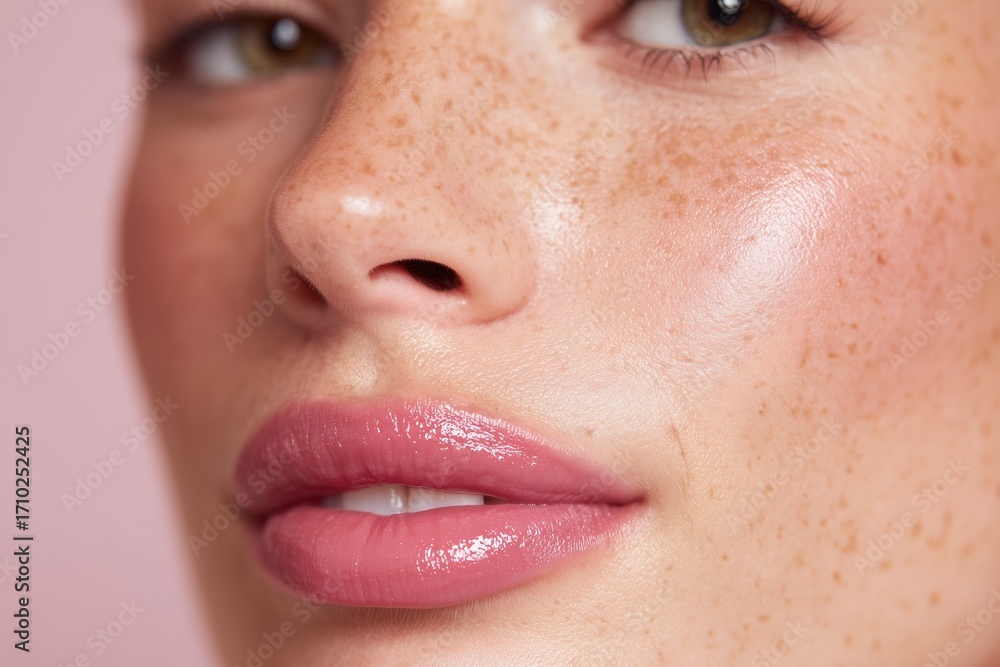 Fototapeta premium Close-up of a womans face showcasing glowing natural skin with glossy finish, highlighting freckles and soft pink lips, perfect for beauty and skincare concepts