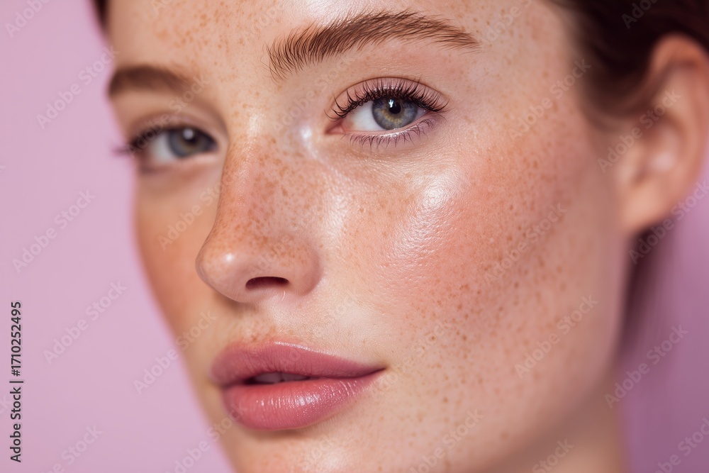 Fototapeta premium Beautiful young woman with glossy skin and freckles poses against a soft pink background, showcasing natural beauty and vibrant facial features in an editorial beauty portrait