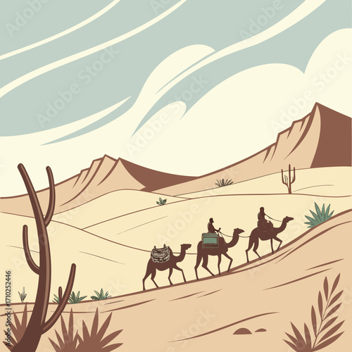 Stylized desert landscape with a caravan of camels and riders traversing sandy dunes under a cloudy sky