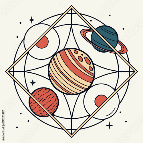 Stylized geometric illustration of planets and stars within a diamond shape and circular orbits