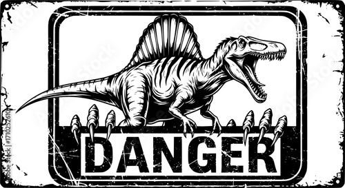 Spinosaurus dinosaur warning grunge metal sign board with claw scratches, vector banner. Danger zone caution yellow sign with roaring dinosaur or Jurassic predator lizard reptile for warning signboard