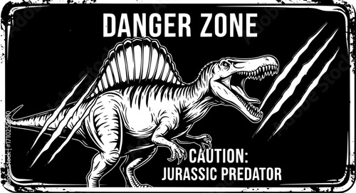 Spinosaurus dinosaur warning grunge metal sign board with claw scratches, vector banner. Danger zone caution yellow sign with roaring dinosaur or Jurassic predator lizard reptile for warning signboard
