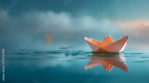 Origami paper boat floating serenely on calm water with soft sky background