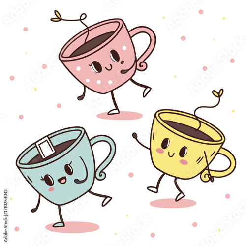 Three adorable cartoon coffee cups with faces and legs dancing and having fun together on a white background