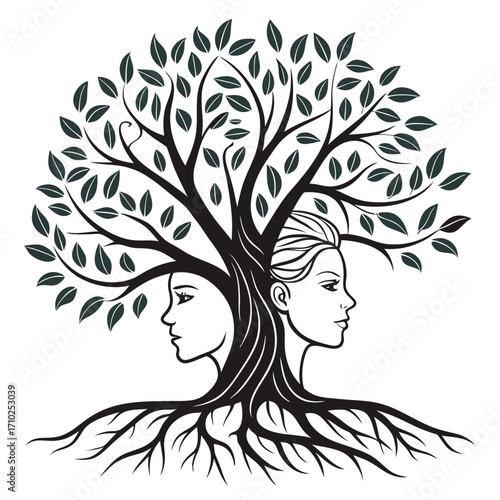 Symbolic tree of life with two female faces emerging from the trunk and strong roots spreading outwards