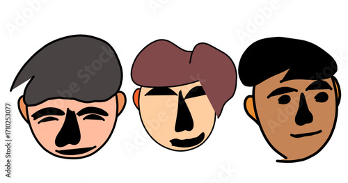 Three stylized cartoon faces with varied hair colors and skin tones against a plain white background