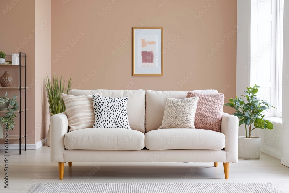 Fototapeta premium Scandinavian living room featuring a pale sofa adorned with muted pea cushions, surrounded by greenery and soft textures, creating a serene and inviting atmosphere with copy space