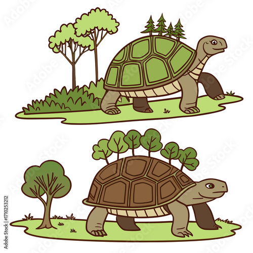 Two cartoon tortoises with trees growing on their shells walking through grassy landscapes with trees