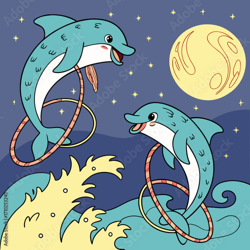 Two cheerful cartoon dolphins performing tricks jumping through hoops under a bright moon and starry night sky