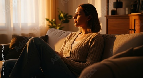Contemplative young woman sitting in a sunbeam at home during golden hour. Atmospheric portrait of a thoughtful woman in dramatic sunlight and shadow.