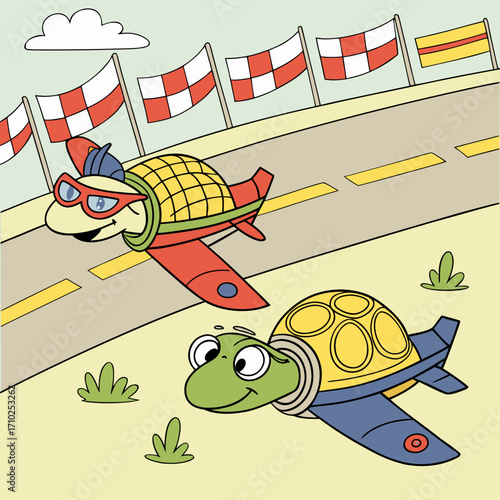 Two cheerful cartoon turtles wearing goggles and hats fly airplanes on a sunny day with checkered flags and a runway