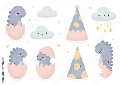 Cute cartoon baby dinosaurs hatching from eggs with fluffy clouds and party hats for kids' party decorations and invitations