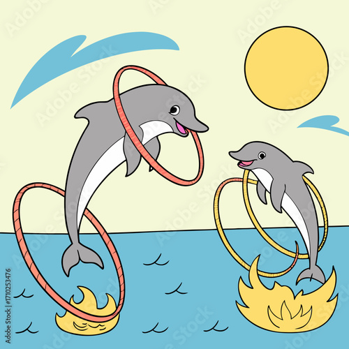 Two happy cartoon dolphins performing tricks by jumping through hoops in the ocean under a bright sun