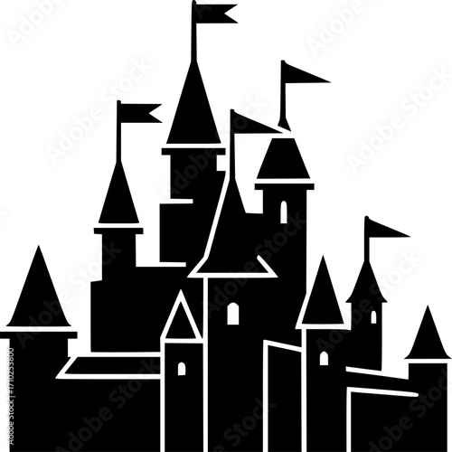castle with tower and flags line art silhouette vector illustration
