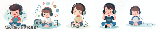 vector of a little boy sitting on the floor listening to music on headphones