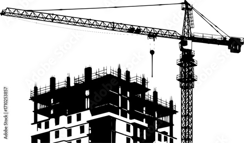 Silhouette of a construction crane on a building under construction against white
