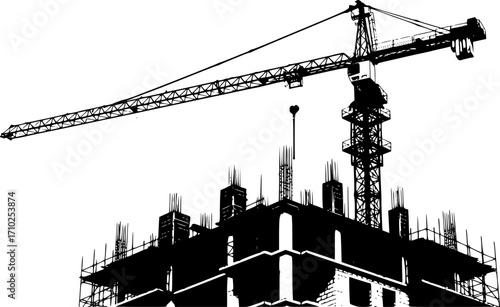 Silhouette of a construction crane on a building under construction against white