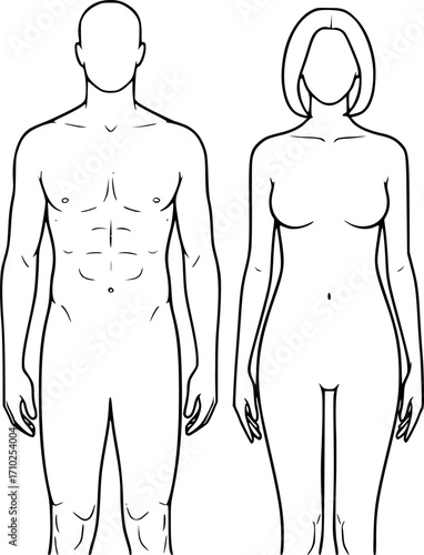 Man and woman human body silhouette, outline figure, patient front view contour. Isolated vector monochrome male and female person shapes, standing full height. Bare and naked slim healthy people